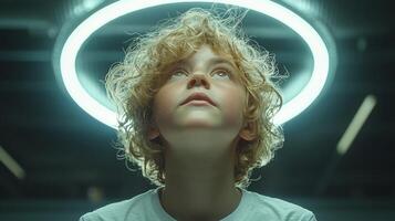 curly blonde haired girl gazes up sky her expression filled wonder as sunlight creates halo effect around her curls highlighting her joyful curiosity photo