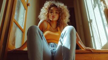 curly blonde haired girl sits on wooden steps her body angled dynamically. Sunlight streams in creating soft shadows highlight her relaxed pose and flowing hair photo