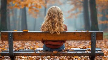 curly blonde haired girl sits off center on wooden bench in foggy park. Fallen leaves scatter around her creating serene autumn atmosphere filled tranquility photo