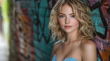 Standing confidently against colorful urban backdrop curly blonde haired girl showcases her bright blue dress creating striking visual contrast graffiti photo