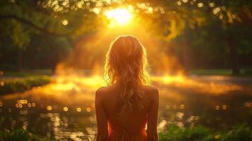 Curly blonde haired girl stands serene lake during sunset golden light illuminating her hair and creating warm ethereal atmosphere around her photo