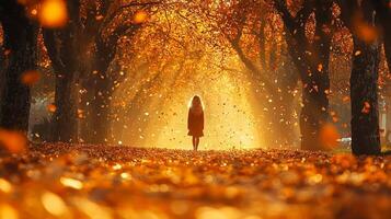 In serene tree lined pathway curly blonde haired girl stands amidst cascade of colorful autumn leaves. golden sunlight enhances her joyful presence as she embraces beauty of season photo