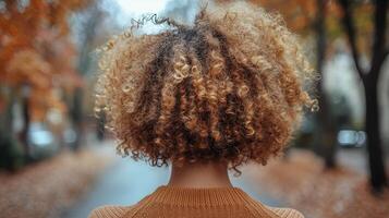 Surrounded carpet of autumn leaves curly blonde haired girl stands in serene pathway. Her joyful presence adds warmth tranquil scene of nature's beauty photo