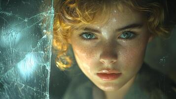 girl curly blonde hair stands before cracked mirror. One side of her face is illuminated while other is in shadow revealing moment of introspection and emotional depth photo