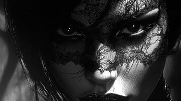 femme fatale adorned in elaborate lace mask captivates sultry allure. dimly lit vintage detective office background adds her mystery and enigma photo