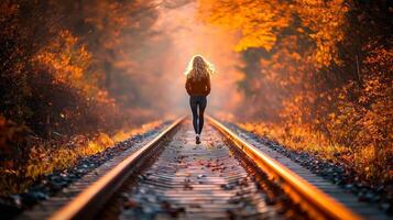 curly blonde haired girl strolls along old railway track sunlight filtering through trees and illuminating her silhouette evoking sense of nostalgia and tranquility photo