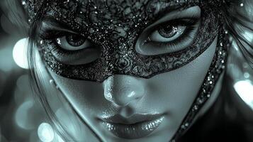 dark and sultry femme fatale captivates elaborate lace mask and silver chains. moody noir lighting enhances her enigmatic presence against vintage detective's office backdrop photo