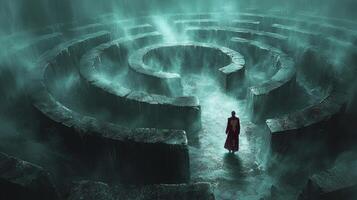 Cloaked in deep purple velvet coat figure cautiously navigates eerie labyrinth. Towering black stone walls loom overhead as thick fog swirls around hiding secrets within photo