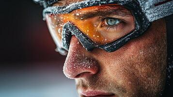 professional speed skater prepares for competition in chilling arena atmosphere. Their intense gaze shines through high tech visor revealing commitment excellence photo