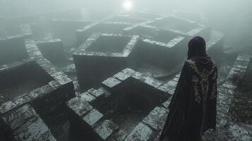 person in deep purple velvet coat walks through foggy labyrinth of towering black stone walls torn between curiosity and fear as distant light beckons photo