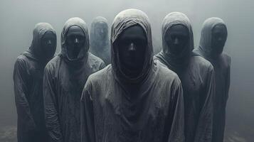group of hooded ancient figures stands in circle their glowing eyes watching contemporary world. They represent archetypes of collective unconscious embodying wisdom and mystery photo