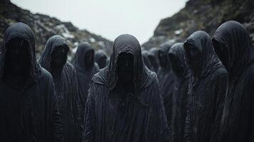 group of hooded figures stands in dark landscape their glowing eyes watching intently. Each figure represents fundamental force merging wisdom and mystery in shadows photo