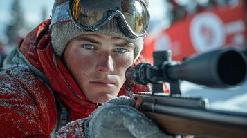 Biathlete in full gear focuses intently while aiming rifle target during competitive event. snowy backdrop adds atmosphere of determination and skill photo