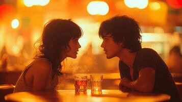 Two individuals lean close over small round table in smoky jazz bar sharing secrets. half finished glass of whiskey sits between them enhancing air of intrigue photo