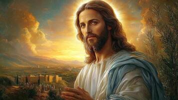 Yeshua stands gracefully in flowing robes radiating golden light. group of devoted followers listens in awe amid rolling hills and olive trees during peaceful sunrise photo