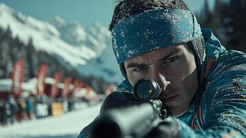 Biathlete in competition gear focuses on aiming rifle target showcasing determination in snowy landscape filled spectators and event banners photo