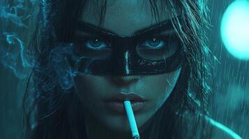 confident woman in sleek black leather mask cat like features stands dim streetlamp. Her piercing eyes and cigarette smoke create mysterious atmosphere in urban setting photo