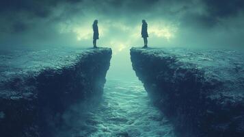 man and woman stand edges of cliff facing each other across wide chasm. Their expressions reveal deep longing and uncertainty as they are separated distance and rugged terrain photo