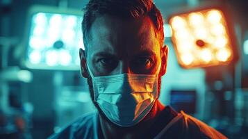surgeon stands in operating room face highlighted intense surgical lights. atmosphere conveys focus and precision amid blurred medical equipment in background photo