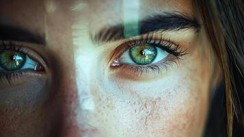 person gazes into mirror confronting shadowy version of themselves. Their glowing eyes express deep understanding and struggle inner fears and subconscious secrets photo