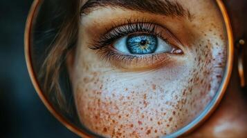 person gazes into mirror encountering shadowy distorted reflection instead of their own. glowing eyes reveal deep understanding and struggle inner fears photo
