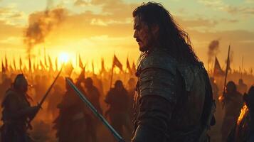 lone Spanish conquistador defends himself against throng of native warriors during dramatic showdown. setting sun casts golden glow over battlefield creating intense atmosphere photo