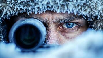 In dramatic close up biathlete focuses intently through rifle scope photo