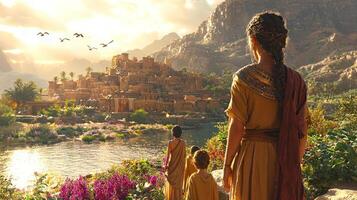 Pharaoh's daughter in regal attire stands Nile's edge marveling baby Moses in basket surrounded maidservants expressions of wonder warm sunrise photo