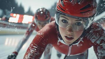Two speed skaters are locked in fierce battle for victory as they stretch their skates finish line. electronic timer highlights razor thin margin between them photo