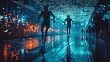 Two speed skaters stretch their blades forward in exhilarating finish line moment milliseconds separating them. glowing timing board underscores race's intensity photo
