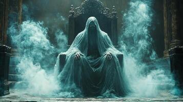 In vast and cold throne room Hades sits on dark throne his robe shimmering like liquid night while Persephone embodies both light and shadow representing her duality photo