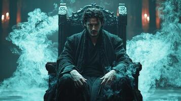 Hades sits regal on his dark throne eyes glowing shadows while Persephone stands beside him embodying balance of light and dark. throne room is cold spectral mist photo