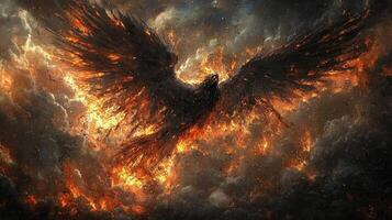 fallen angel spirals downwards engulfed in flames and surrounded stormy clouds. His face shows agony and defiance as glowing embers trail behind him symbolizing his fall from grace photo
