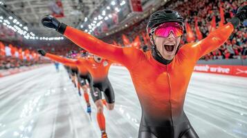 Teammates of speed skating team share emotional embrace while raising their arms in celebration after hard fought victory intense competition filled cheering fans photo