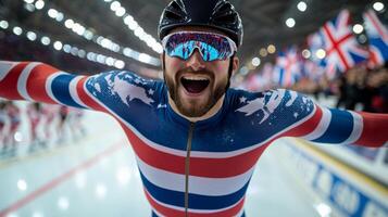 After hard fought race group of speed skaters erupts in joy as they raise their arms in triumph surrounded cheering fans and waving flags in vibrant ice rink atmosphere photo