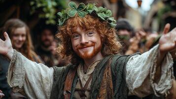 Participants dressed in vibrant costumes celebrate St Patricks Day on stage showcasing leprechauns Celtic warriors and fairies as crowd cheers and green confetti rains down photo