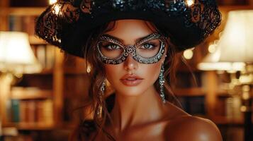 In rich noir atmosphere fierce woman captivates steampunk mask. Vintage lamps illuminate her enhancing elegance of her surroundings rich tradition photo
