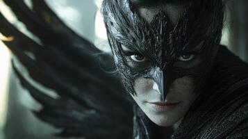 gothic inspired dominant woman wears ornate black mask resembling raven wings. Her dramatic makeup stands out against noir styled lighting and deep shadows of textured background photo