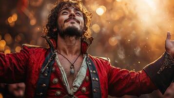 passionate opera singer stands center stage hands raised and eyes closed expressing deep emotion. lavish palace backdrop and orchestra enhance dramatic atmosphere of performance photo