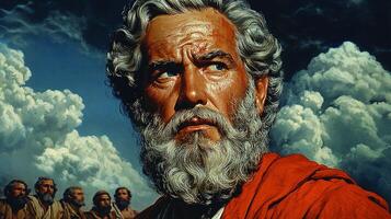 Moses confidently raises his staff edge of Nile commanding water turn blood. Ominous clouds fill sky as Pharaoh's court watches in disbelief and fear photo
