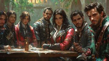 group of elegantly dressed nobles shows silent despair ornate table surrounded cracked gilded walls and creeping vines through broken windows signifying lost grandeur photo