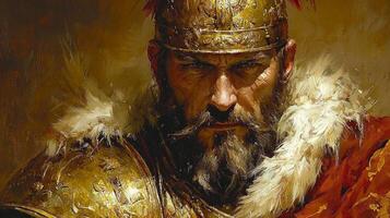 Spanish conquistador stands confidently in 16th century steel armor richly decorated golden engravings. He grips rapier while misty jungle creates air of mystery around him photo