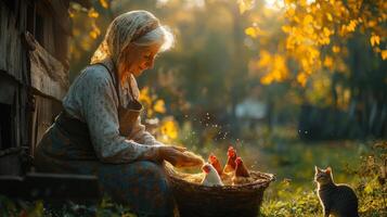 Grandmother in long apron and headscarf scatters grain for cheerful hens as golden sunlight filters through fence creating cozy vibe curious cat watching nearby photo