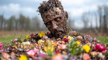large wicker figure made from natural materials stands proudly in open field photo