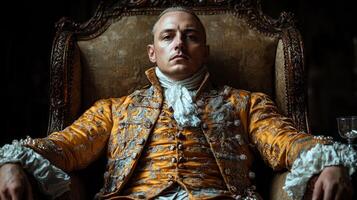 In lavish bedroom adorned opulence nobleman in silk and gold brocade slouches in his ornate chair surrounded remnants of debauchery and shadows echo his emptiness photo