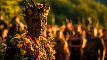 large wicker figure stands tall in open field during spring pagan festival. Attendees in traditional clothing gather observing rituals and placing flowers and offerings its base photo