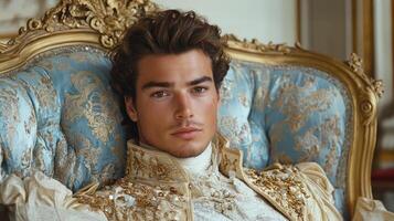 In lavish bedroom nobleman in luxurious silk attire slouches in ornate chair. Half empty wine goblets and scattered pearls surround him highlighting his solitude amidst decadence photo