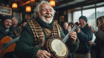 In warm Irish pub people cheer and clap as band plays lively traditional folk music creating inviting atmosphere filled joy and camaraderie photo