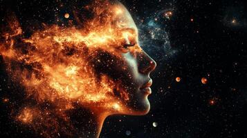 human face emerges from cosmos blending into stars and galaxies. Glowing eyes represent wisdom while planets orbit showcasing infinite nature of thought and connection photo