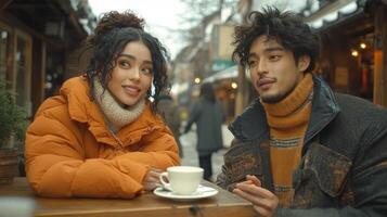 In cozy cafe warm tones polyamorous trio shares laughter and coffee their body language reflecting intimacy and connection as they engage in deep conversation photo